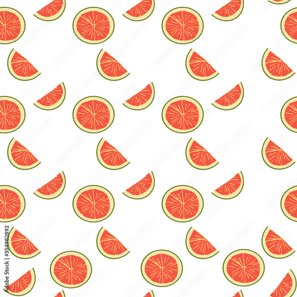 Seamless pattern with the parts, slices, half of a pink grapefruit. Fruit, citrus pattern. Pink fruit on a white background Seamless pattern with the parts, slices, half of a pink grapefruit. Fruit, citrus pattern. Pink fruit on a white background