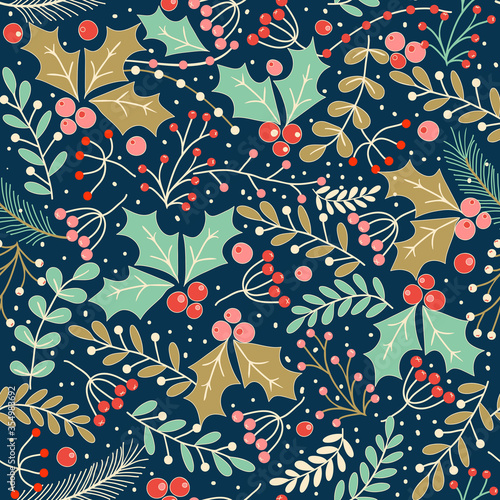 Merry Christmas, Happy New Year seamless pattern with toys, fir cone, holly leaves and berries for greeting cards, wrapping papers. Seamless winter pattern. Vector illustration.