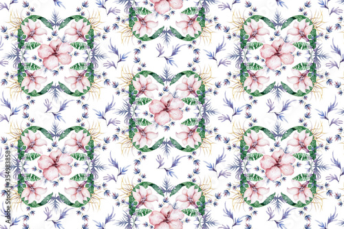 Hand drawn watercolor seamless pattern with red, white and blue roses, peony and lilac flowers and green leaves. Isolated on white background for wedding invite design