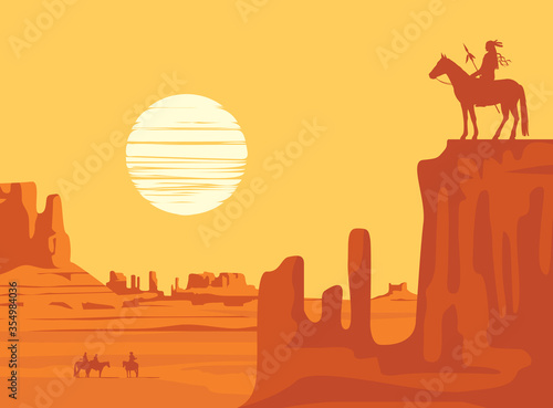 Vector Western landscape with American prairies and a silhouette of an Indian riding a horse with spear on top of a cliff at the yellow sunset. Wild West vintage background, decorative illustration