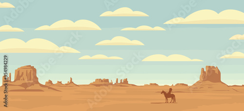 Decorative illustration with wild West prairies and the silhouette of an Indian chief on a horse. Vector landscape with a lone rider in the desert on the background of sky with clouds.