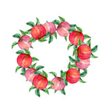 Watercolor hand-drawn wreath of red apples with leaves. For invitations