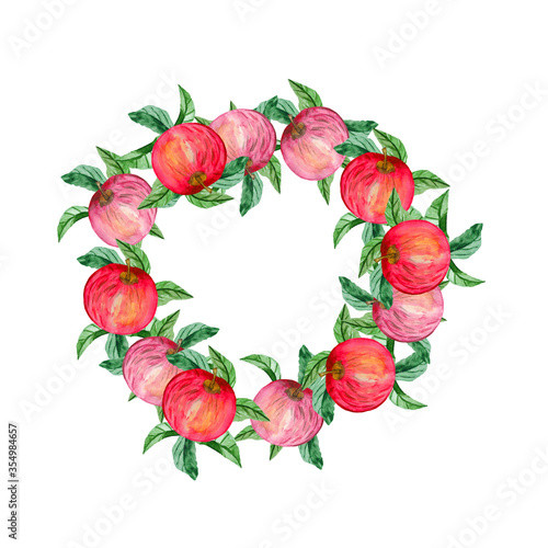 Watercolor hand-drawn wreath of red apples with leaves. For invitations