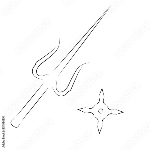 The contour of the Japanese weapon Sai and Shuriken. Isolated on a white background. Vector graphics.