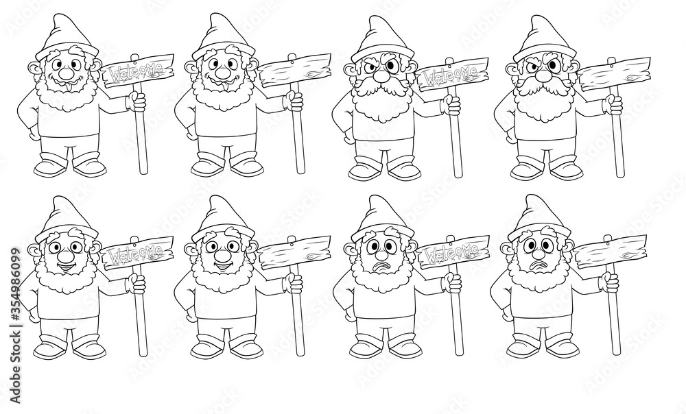 
Coloring book with cartoon gnomes holding a sign welcome a set of eight characters. Isolated on a white background. Stock illustration
