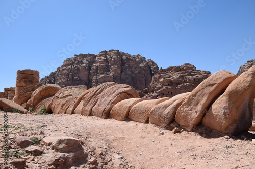 The ruins of the great temple with walls, stairs and columns in Petra, Wadi Musa, Jordan