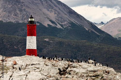Les Eclaireurs lighthouse on stone island with cormorant birds near Ushuaia, Argentina