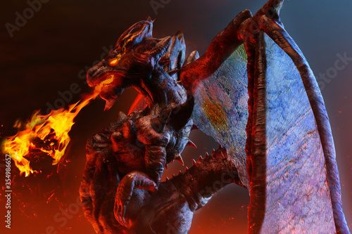 Fantasy 3d illustration of dragon creature breating fire, seide view.