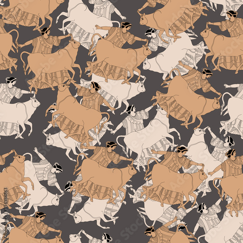 Seamless pattern with ancient Greek motifs. The Rape of Europa. Zeus as bull. Antique mythology.