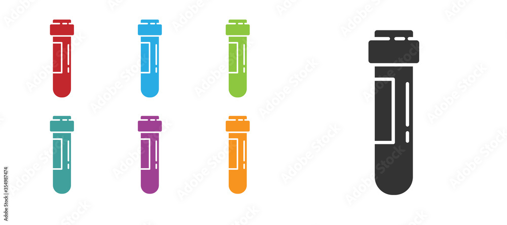 Black Test tube or flask with blood icon isolated on white background. Laboratory, chemical, scientific glassware sign. Set icons colorful. Vector Illustration Black Test tube or flask with blood icon isolated on white background. Laboratory, chemical, scientific glassware sign. Set icons colorful. Vector Illustration