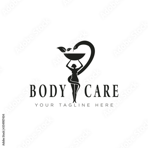 body care logo, vintage woman and snake vector