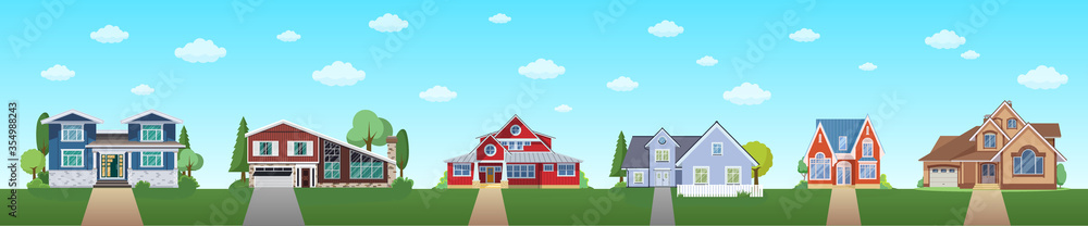 Modern cottage house set with blue sky and clouds. Real Estate ssite banner concept. Flat Vector illustration