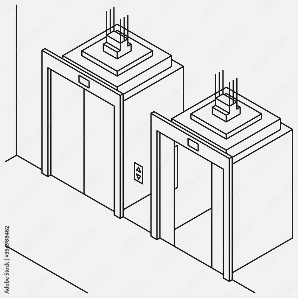 Isometric two line elevators with closed and half closed doors black ...