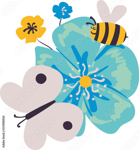 Childish bee butterfly and flowers vector illustration. Placement print for fabrics, stationery, scrapbook paper, cards, stikers, childrens books, and packaging.