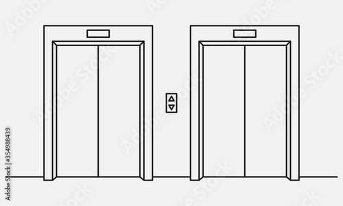 Two line elevators with closed doors black and white vector illustration.