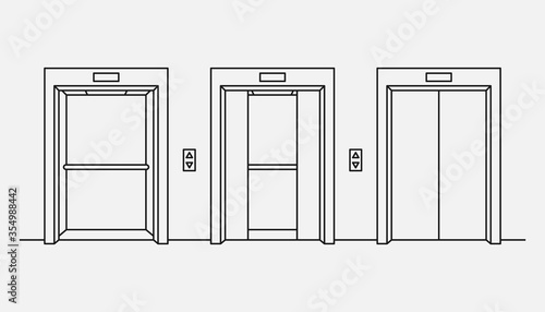 Three line elevators with with closed, opened and half closed doors black and white vector illustration.