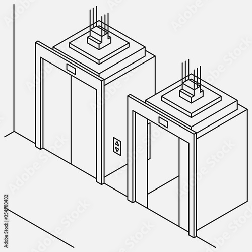 Isometric two line elevators with closed and half closed doors black and white vector illustration.