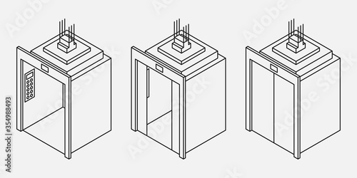 Isometric three line elevators with with closed, opened and half closed doors black and white vector illustration.