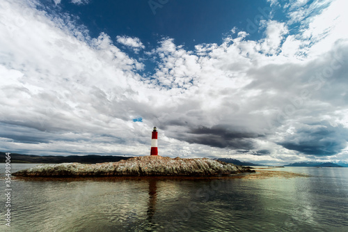 Panoramic view of Les Eclaireurs lighthouse on a stone island of the Beagle Channel, near Ushuaia (Argentina)