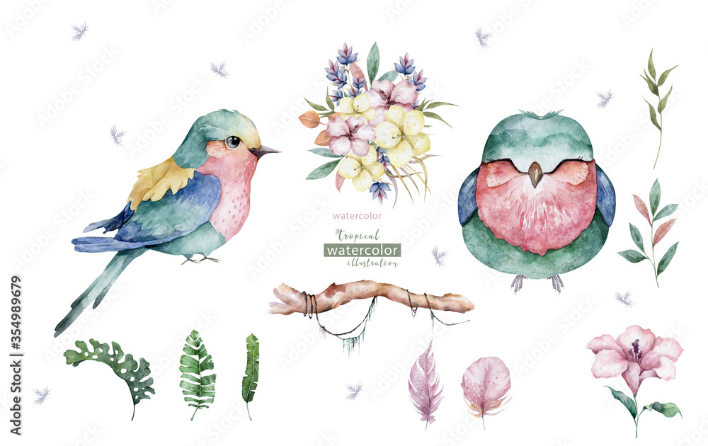 Beautiful floral exotic illustration with pink bird, tropical leaves. Hand drawn watercolor isolated on white background