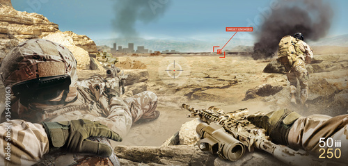 Valokuva War soldier shooter game interface first person view, with soldiers attacking and shooting