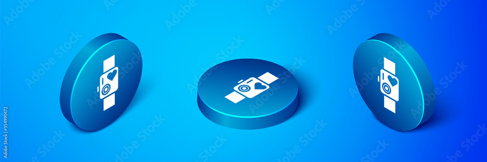 Isometric Smart watch showing heart beat rate icon isolated on blue background. Fitness App concept. Blue circle button. Vector Illustration Isometric Smart watch showing heart beat rate icon isolated on blue background. Fitness App concept. Blue circle button. Vector Illustration