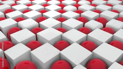 Abstract 4K animation of a geometric background of cubes and balls that are staggered, move changing shape, and restore their position. 3D background, screen saver, banner.