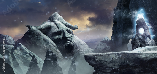3d render illustration of fantasy viking winter mountain valley with magical glowing totem. photo