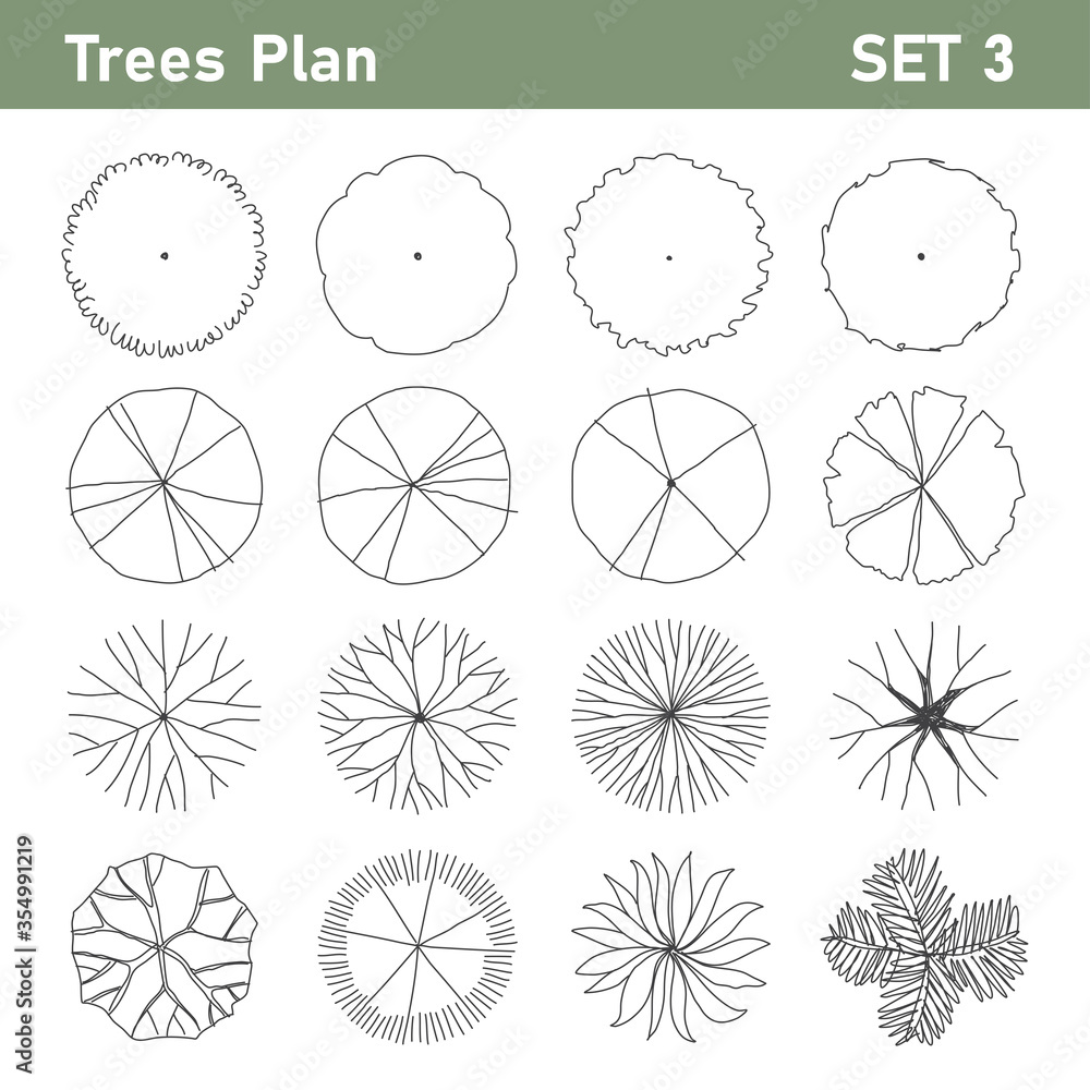 Tree top, tree plan - free hand drawn doodle top view trees for landscape  plan. Can change the stroke line