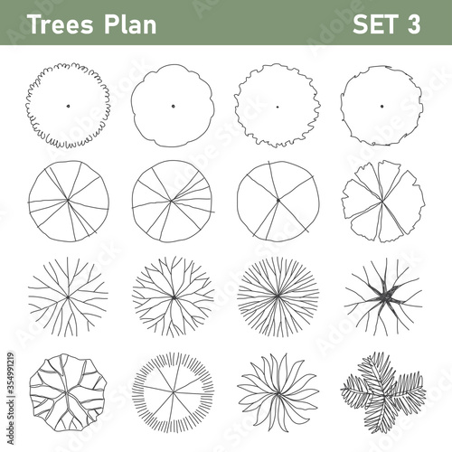 Tree top, tree plan - free hand drawn doodle top view trees for landscape  plan. Can change the stroke line