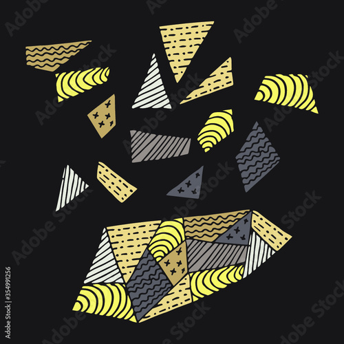 Pattern with asymmetric shapes in the style of zentangl on a dark background in vector. 