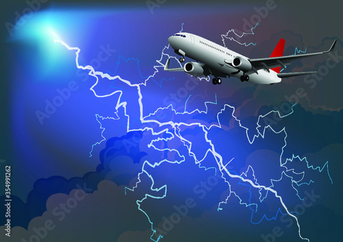 Dramatic thunderstorm with lightning arcing across a darkened cloudy sky with passenger airplane with landing gear down