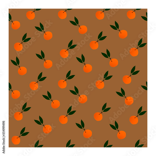 Seamless pattern with orange tangerines and green leaves. Fruit pattern with citrus. Orange tangerines on a chocolate background