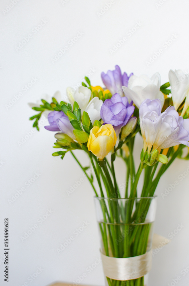 Colorful freesias bouquet on white background