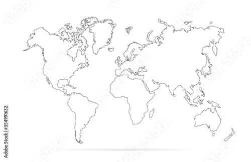 Outlines world map. Simple earth in doodle style. Simplified world map. Сontour global worldmap. Hand drawn silhouette continents. Drawing continent for design concept travel. Worldwide globe. Vector