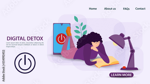Digital detox banner concept for web and mobile sites a Girl is lying and reading a book under a table lamp switch off button flat vector illustration