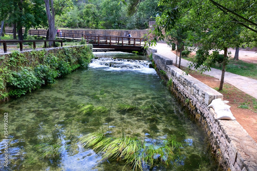 Picturesque bridge and plants around river Krka, in National Park Krka, Croatia.