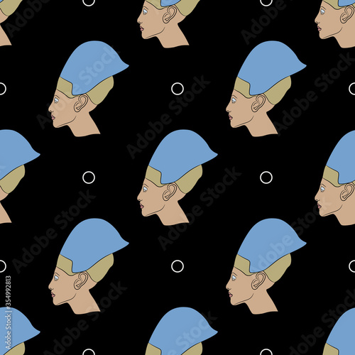 Seamless vintage pattern with heads of ancient Egyptian pharaoh in royal tiara. Akhenaten or Nefertiti profile.