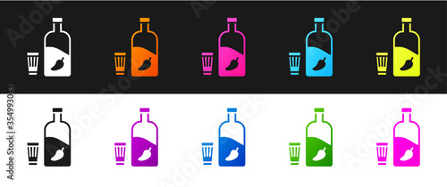 Set Vodka with pepper and glass icon isolated on black and white background. Ukrainian national alcohol. Vector Illustration