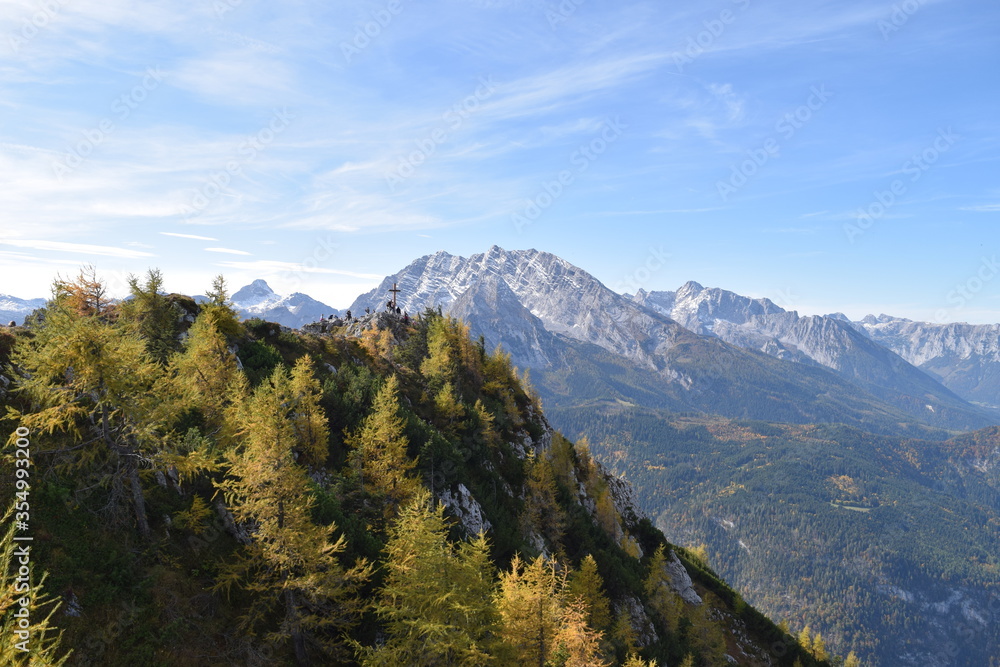 View of the top from Jenner Berg with summit cross, Schönau am Königsee, Germany