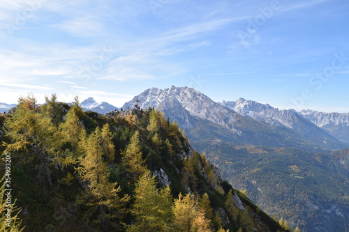 View of the top from Jenner Berg with summit cross, Schönau am Königsee, Germany