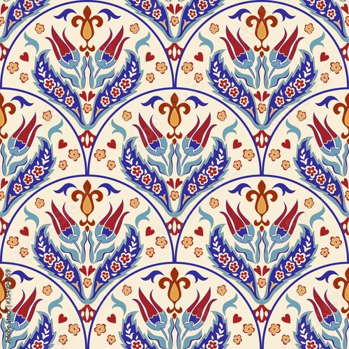 Seamless Turkish colorful pattern. Vintage multicolor pattern in Eastern style. Endless floral pattern can be used for ceramic tile, wallpaper, linoleum, textile, web page background. Vector