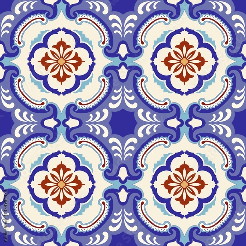 Seamless colorful patchwork in turkish style. Islam, Arabic, Indian, ottoman motifs. Endless pattern can be used for ceramic tile, wallpaper, linoleum, textile, web page background. Vector hand drawn.