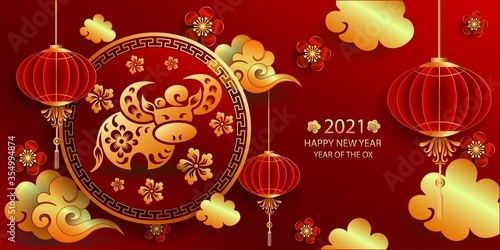 Canvas Print Happy new year 2021 / Chinese new year / Year of the ox / Zodiac sign for greetings card, invitation, posters, brochure, calendar, flyers, banners