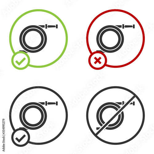 Black Garden hose or fire hose icon isolated on white background. Spray gun icon. Watering equipment. Circle button. Vector Illustration
