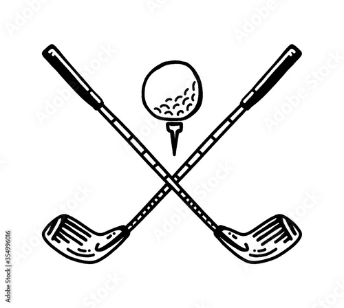 Vector hand drawing drawn illustration of golf ball and golf sticks. Golf equipment in doodle cartoon style. Logo for poster or invitation. Crossed elements for game.