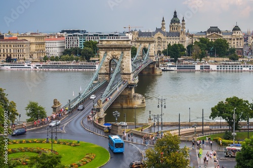 The Széchenyi Chain Bridge with panorama of Budapest in the background