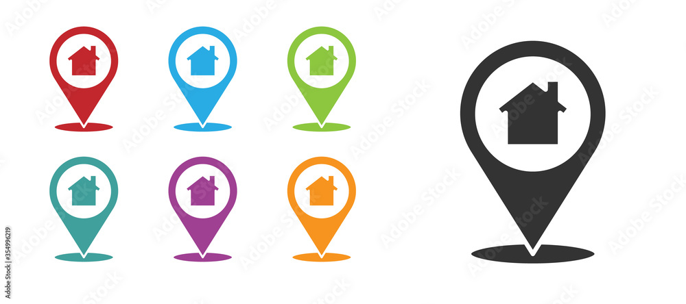 Black Map pointer with house icon isolated on white background. Home location marker symbol. Set icons colorful. Vector Illustration