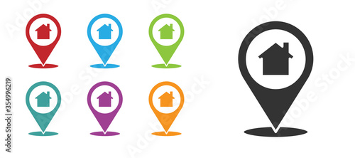 Black Map pointer with house icon isolated on white background. Home location marker symbol. Set icons colorful. Vector Illustration