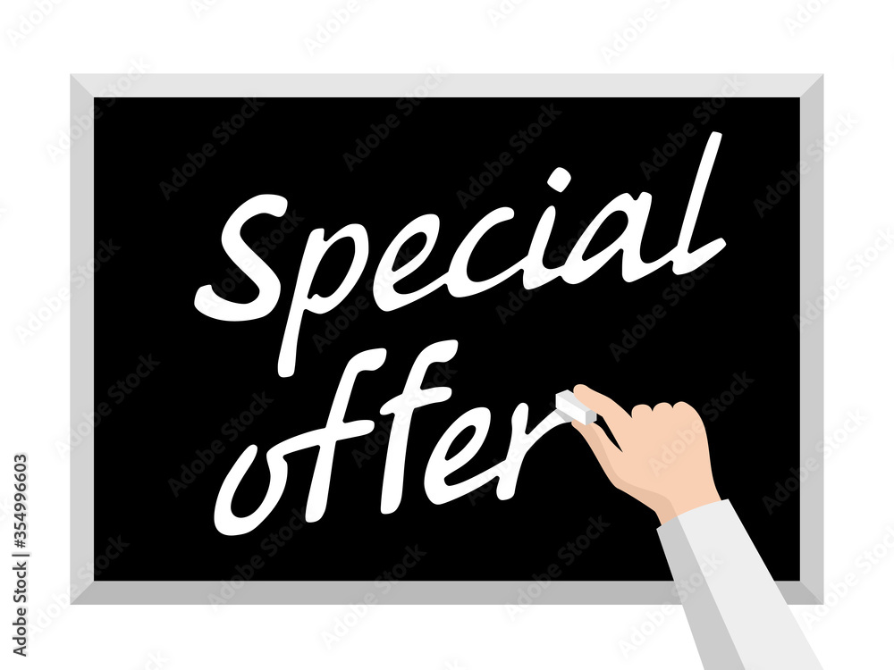 Hand writing text Special offer with chalk on blackboard - vector template - concept for marketing offer or school announcement Hand writing text Special offer with chalk on blackboard - vector template - concept for marketing offer or school announcement